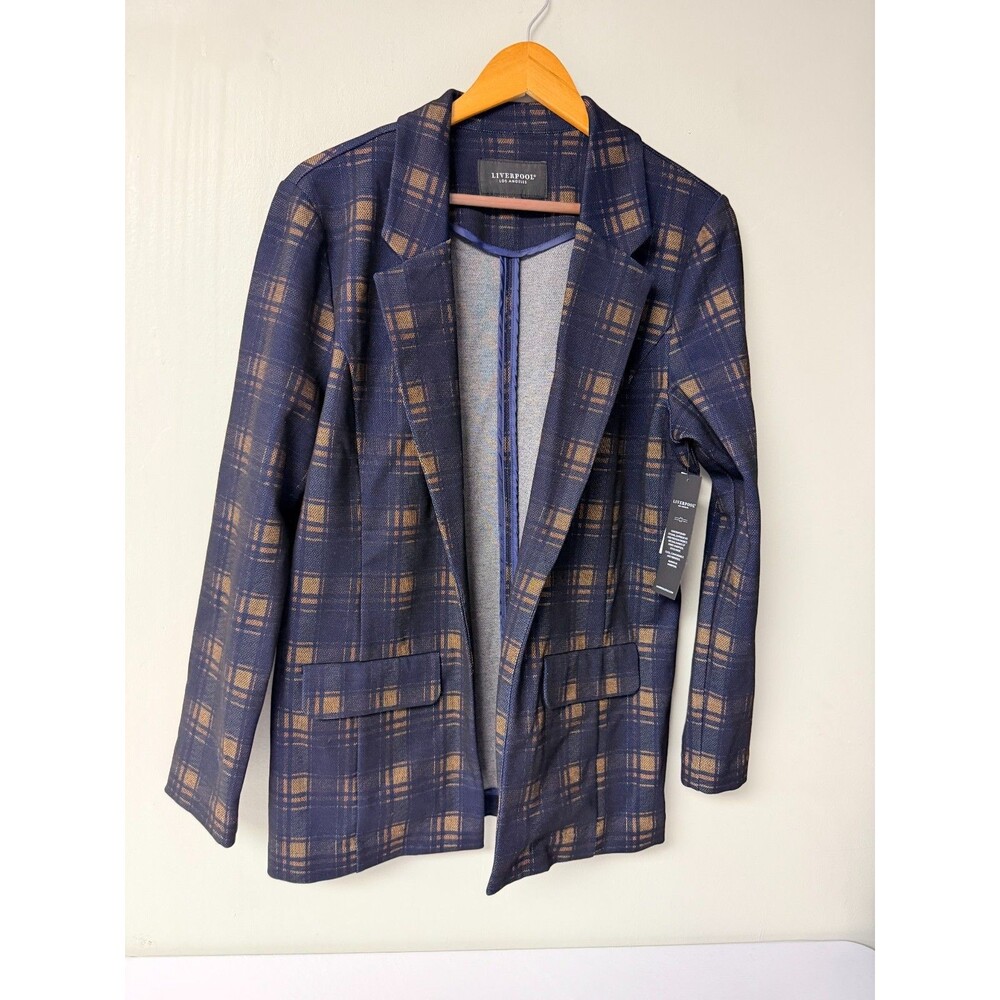Liverpool Los Angeles Blazer Womens Large Navy Amber Plaid Open Front Tags